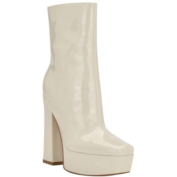 Guess Womens Byra Ivory Patent Square Toe Block Heel Mid-Calf Boots Shoes 8 New - Picture 1 of 9